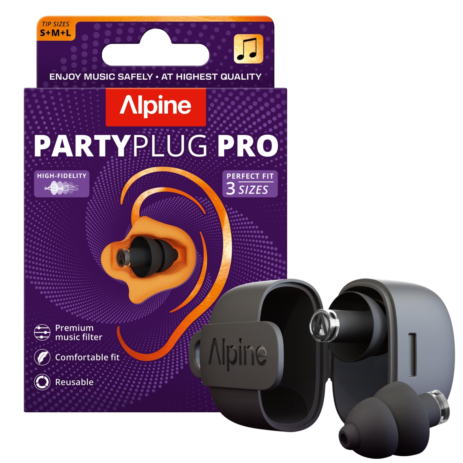 Alpine PartyPlug Pro Tapones de Oídos Hi-Fi - Protección Auditiva Profesional para Conciertos y Raves - 3 Tamaños S/M/L 